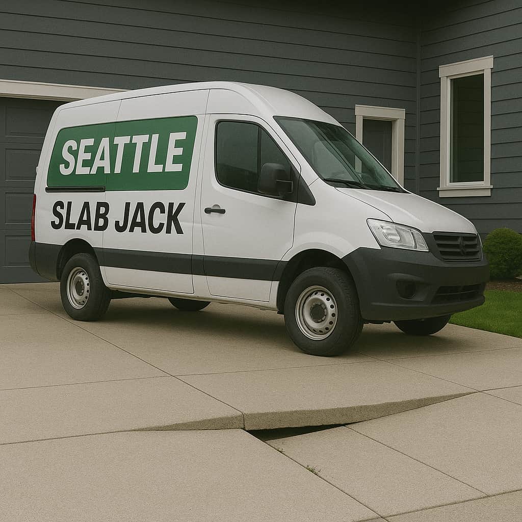 Seattle Slab Jack service van on driveway with uneven sunken concrete slab